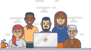 Cartoon image of a smiling team of people in front of a laptop